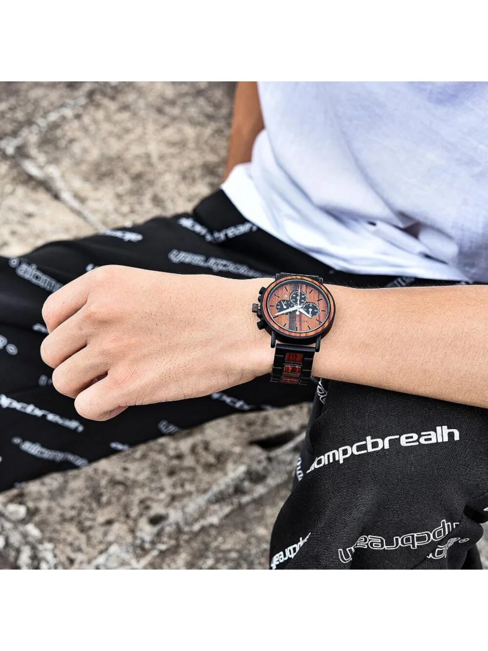Men's Red Watches Wood & Stainless Steel Combined Chronograph Military Quartz